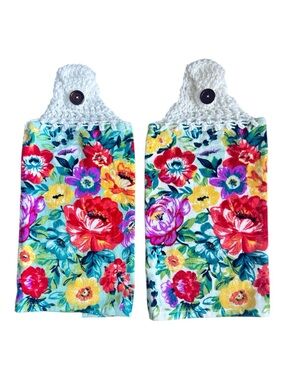 Hand Crafted Colorful Floral Hanging Hand Towels Crochet Top Button Closure